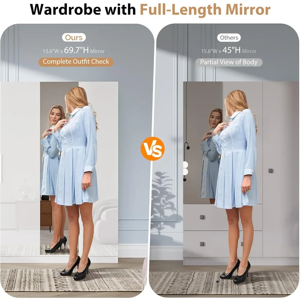 63" W x 72" High Gloss Wardrobe Closet with Mirror Doors and Drawers, 4 Door Armoire Wardrobe Closet with Drawers, Large White image 4