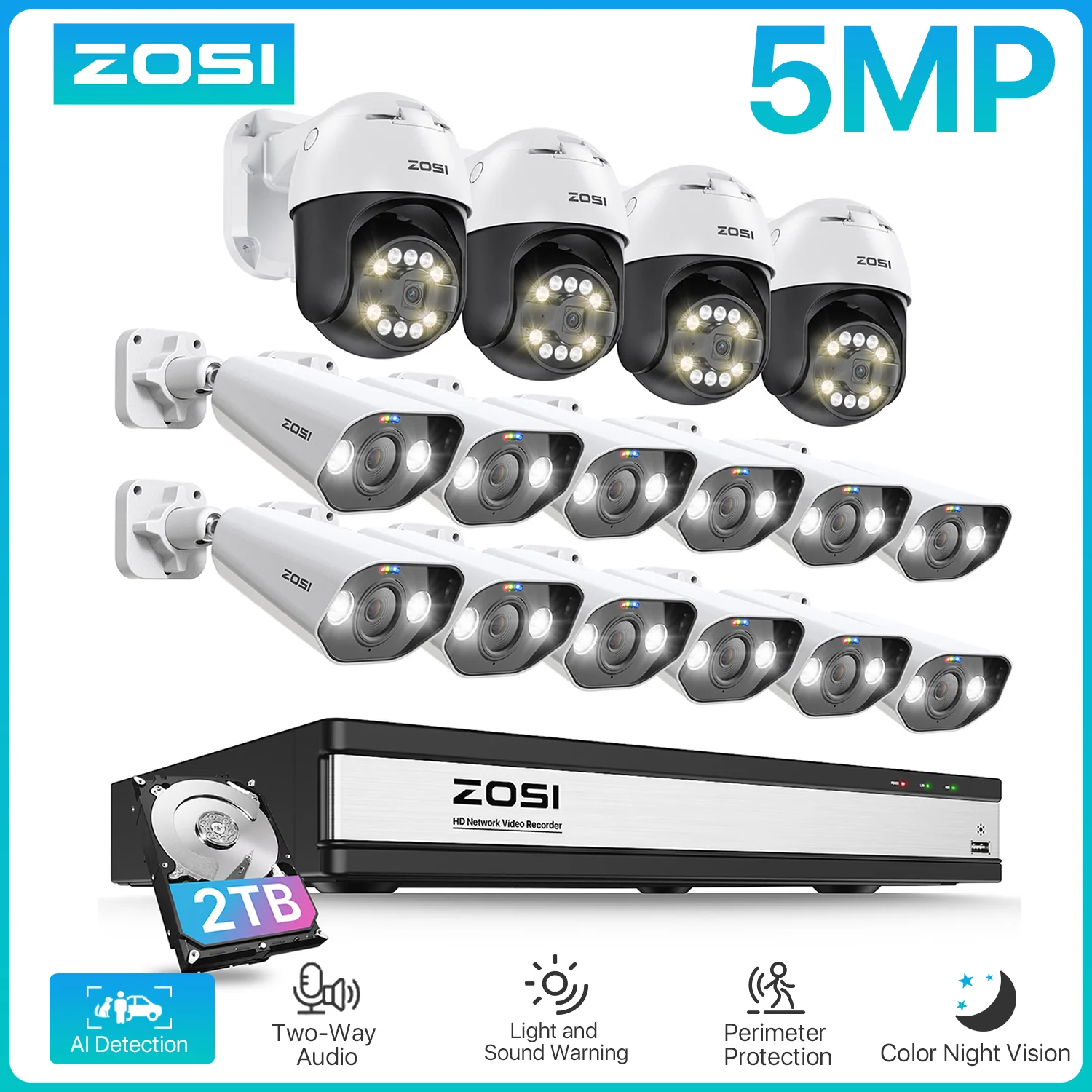 ZOSI 16CH 5MP PTZ PoE Security IP Camera System 4K 8MP NVR Smart Face Person Vehicle Detection CCTV Video Surveillance Kit