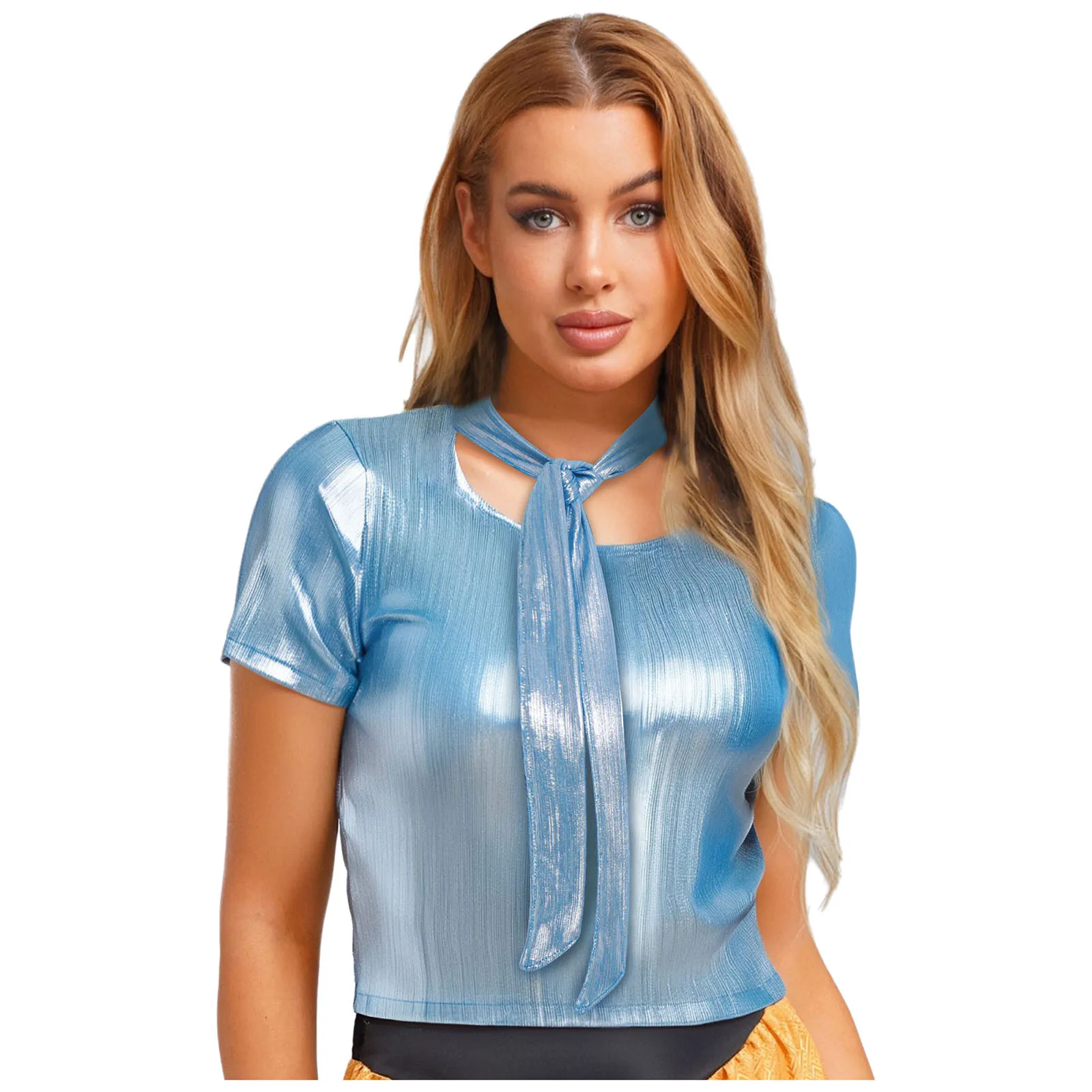 

Metallic Short Sleeve T-shirt Tops Women Fashion 80s Disco Party Club Dance Tops for Musical Performance Festivals Crop Tops