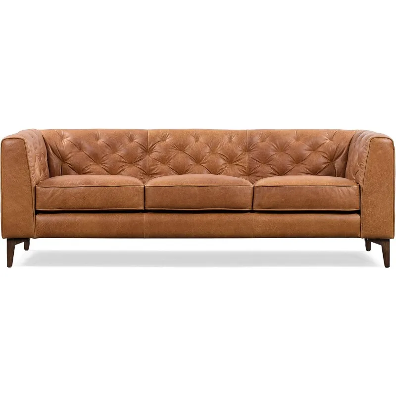 Essex Leather Couch – 89-Inch Sofa with Tufted Back - Full Grain Leather Couch with Feather-Down Topper On Seating Surfaces