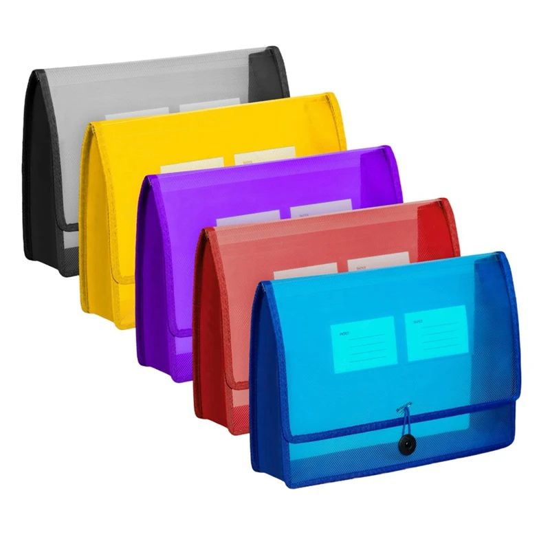 

5Pack A4 Plastic File Wallet Envelope Expanding File Folder& Label Pocket Clear Colored Waterproof For Office Home