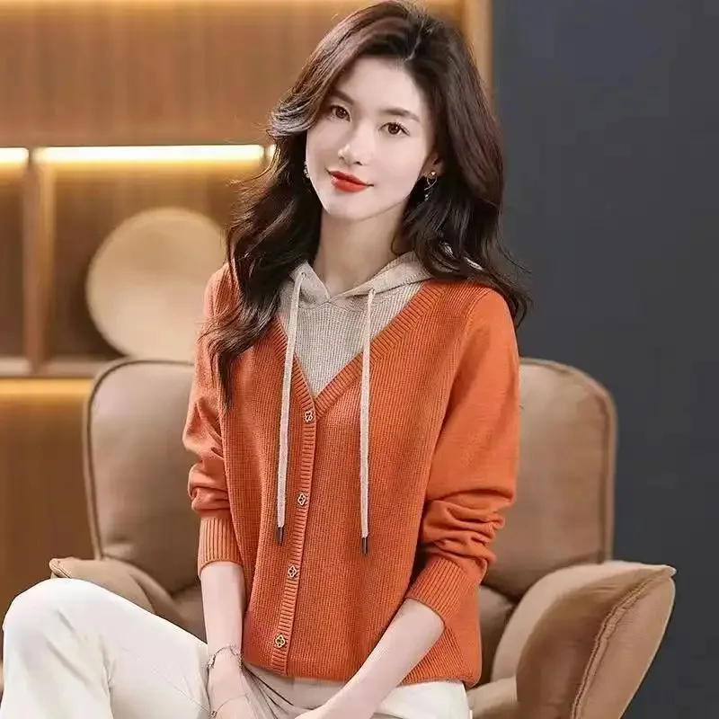 

Women's Orange Hooded Knit Cardigan Contrast Color V-neck Long Sleeve Button Decor Casual Loose Fit Pullover Sweater
