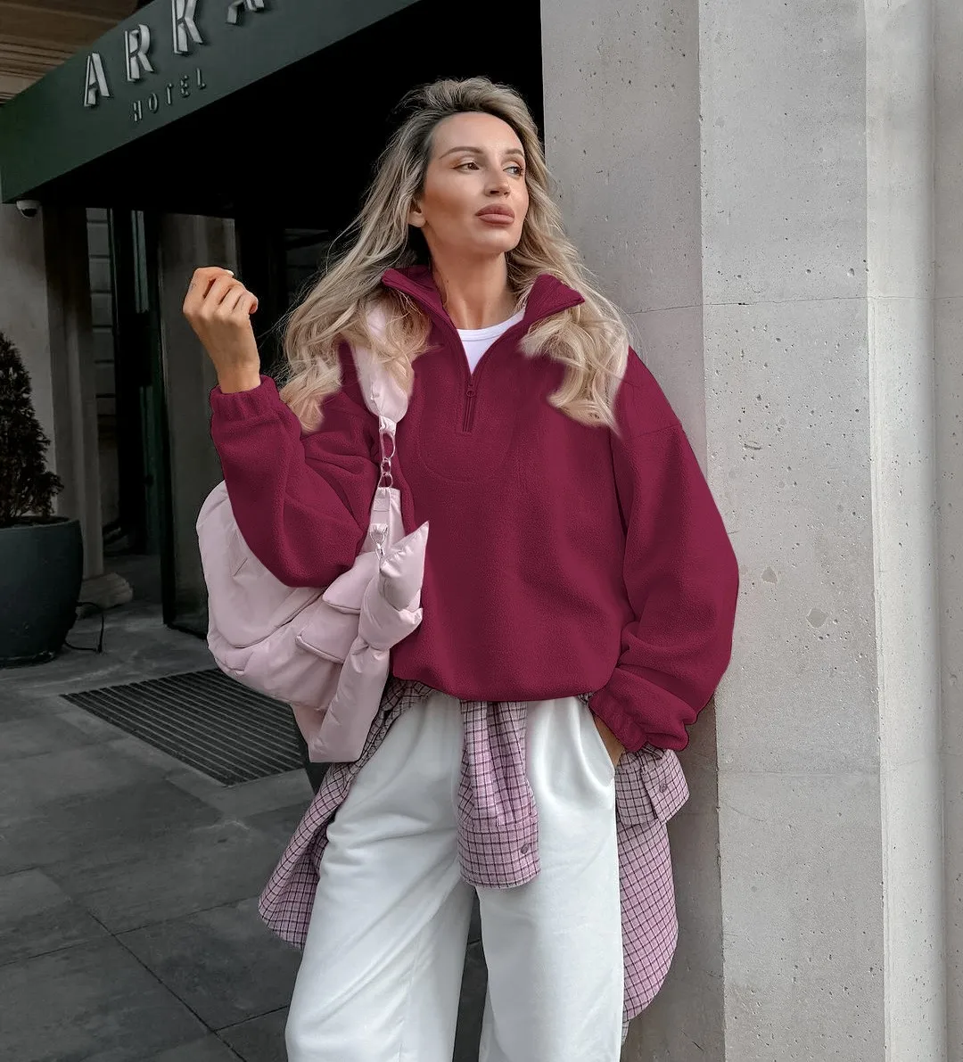 Loose Fit Pullover Hoodie Mid Long Length Commuter Style with Regular Sleeve Long Sleeve Notched Lapel Zipper Women Sweatshirt