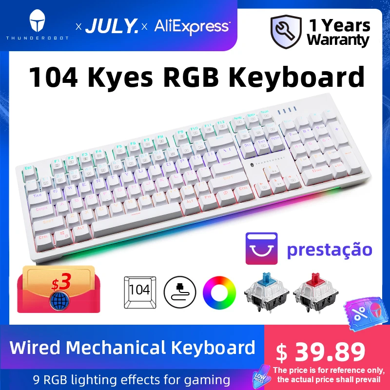 ThundeRobot KG3104 104คีย์คีย์บอร์ด USB แบบมีสาย LED Backlit Gaming คีย์บอร์ด Gamer สีฟ้าสีแดงสำหรับเดสก์ท็อป