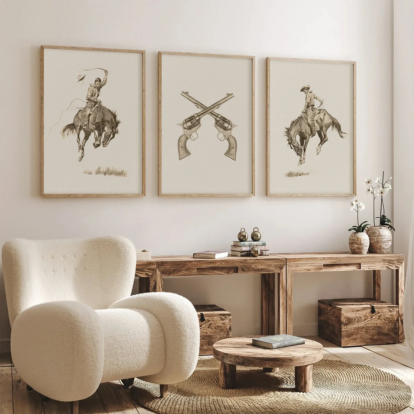 Ensemble d'impressions vintage sur le thème du cowboy : Décoration Western Ranch, motifs champêtres neutres, décoration pour salon, chambre, couloir, bureau