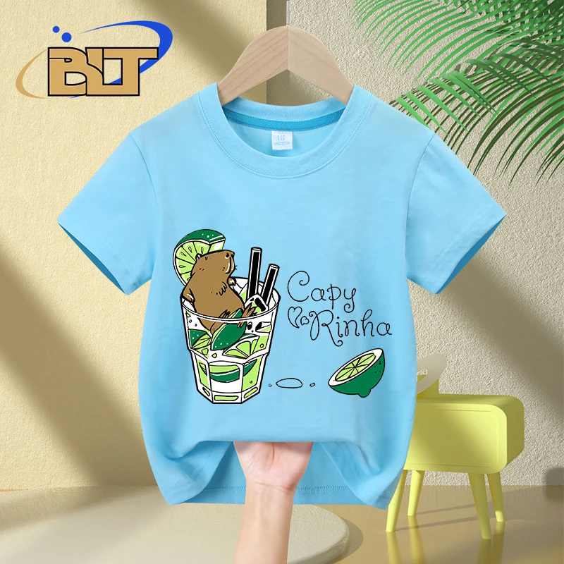 T-shirt à manches courtes en coton imprimé dessin animé pour enfants, Cabybara + Caipirinha = Capyrinha, médicaments décontractés pour garçons et filles, été