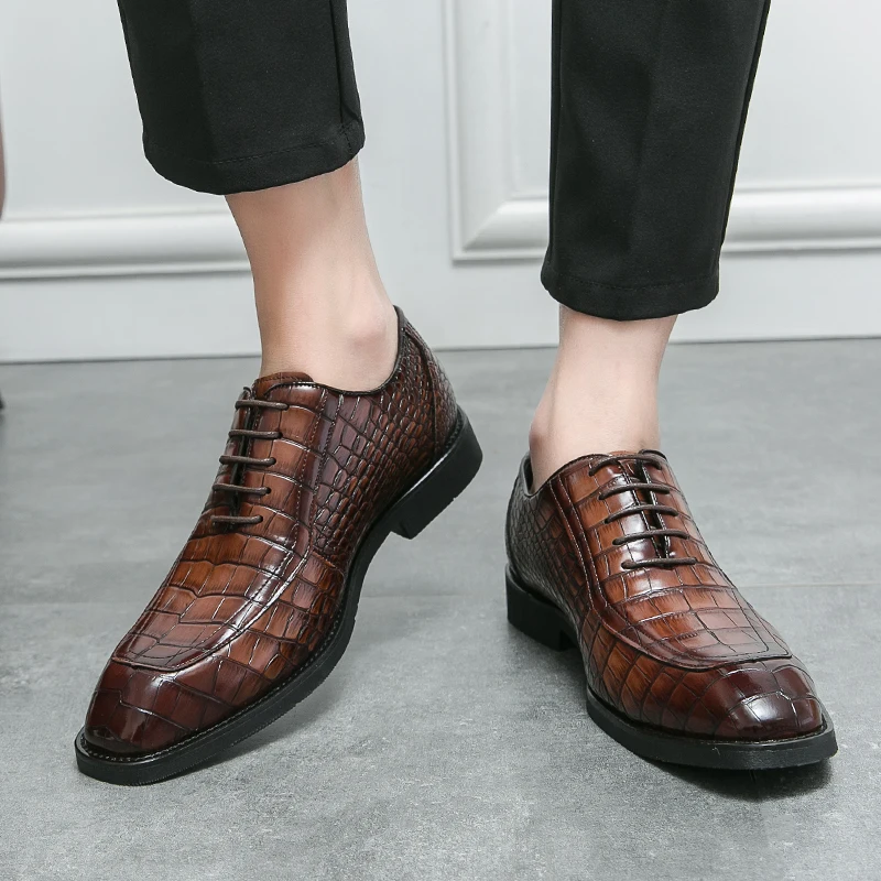 

New Crocodile Pattern Trendy Square Toe Lace Up Formal Derby Shoes for Youth Casual Office Banquet Fashion Shoes