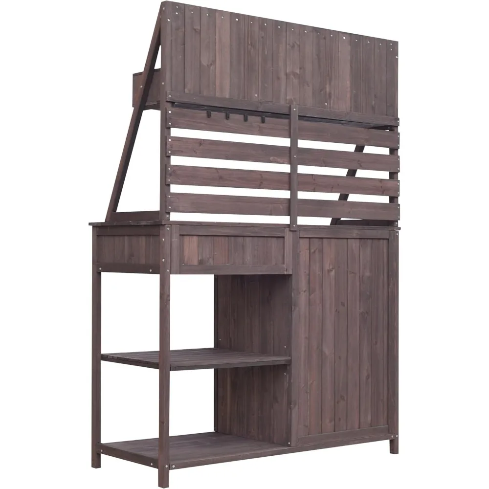 مقعد تخزين خارجي من خشب التنوب مع مساحة تخزين و5 أدراج، لوحة خلفية شرائحية لتنظيم زراعة الحديقة