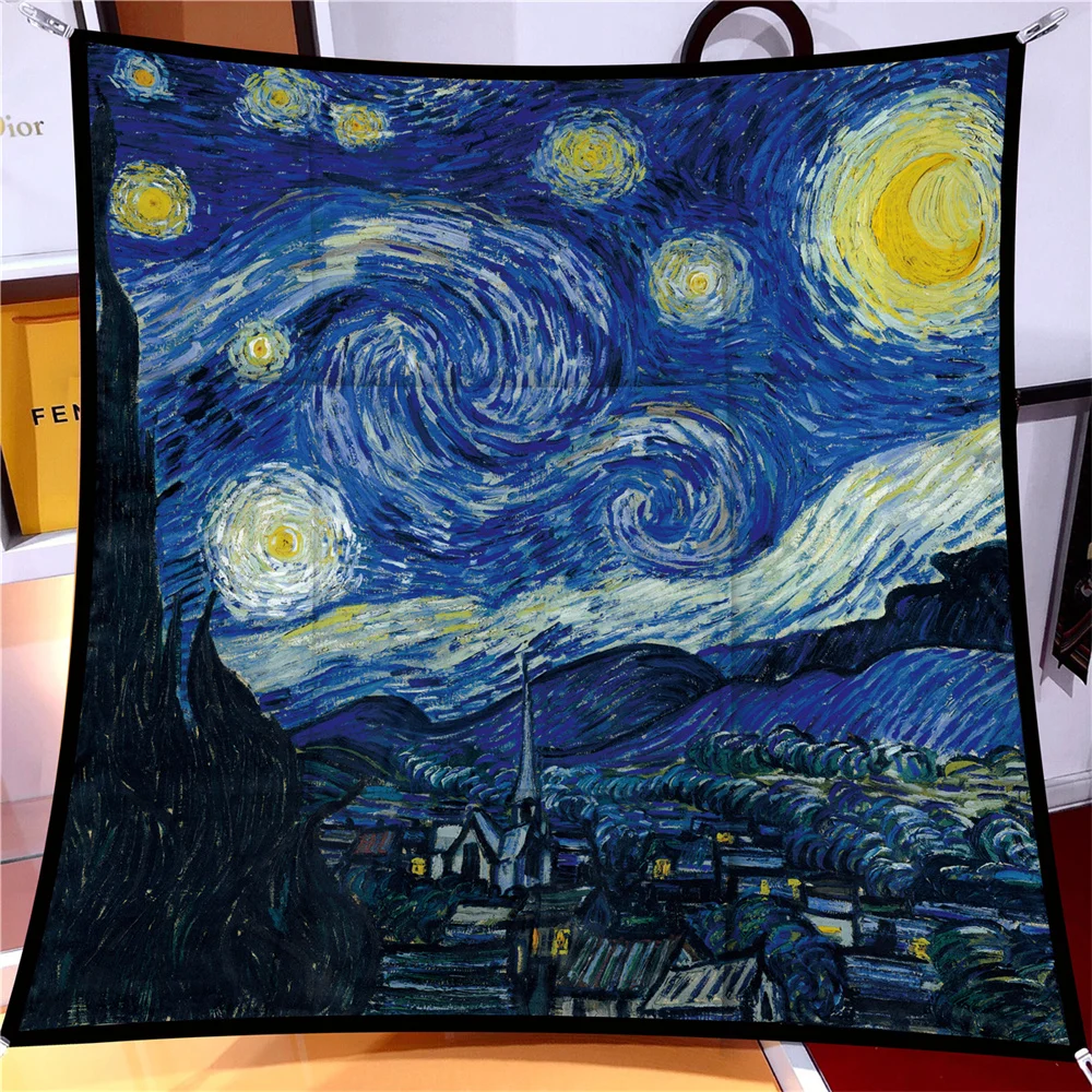 90CM Hot Sell Twill Silk Scarf Fashion Shawl Brand Van Gogh Oil Painting Square Scarf Women Hijab Bandana Foulard Head Scarves