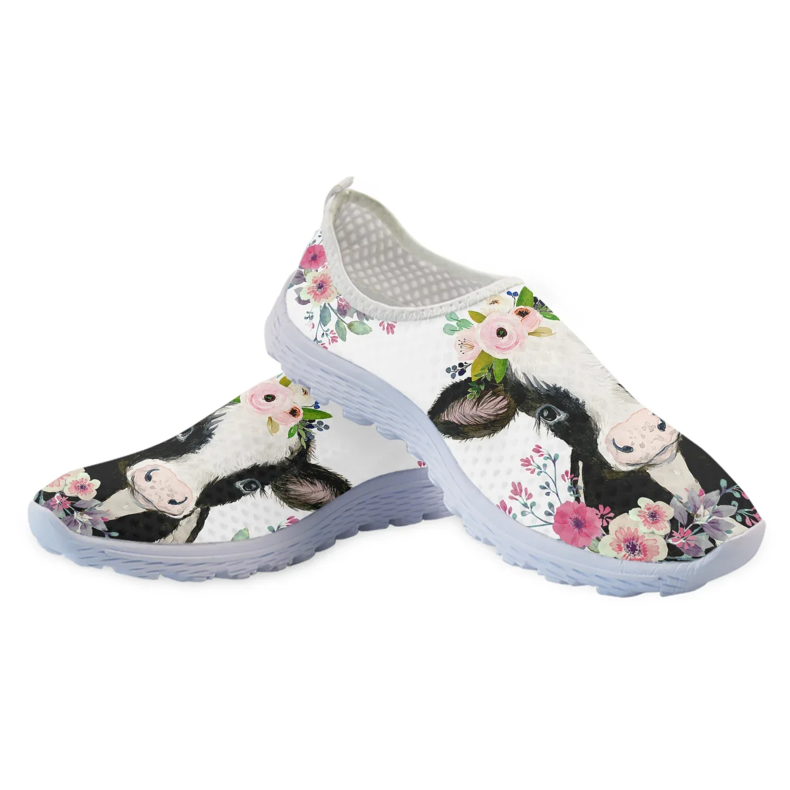 Chaussures de marche plates légères à imprimé animal pour dames, chaussures en maille respirante, vache à lait de dessin animé, imprimé hibiscus, été