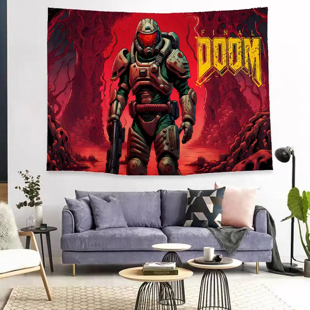 Shooting Game D-Doom Cartoon Tapestry Art Science Fiction Room Home Decor Wall Hanging Sheets
