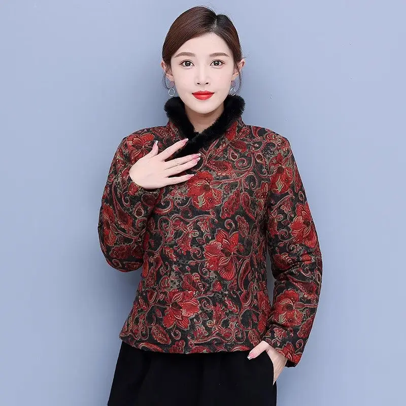 

2023 Winter Mom's Ethnic Style Cotton Jacket Women Large Size Loose Vintage Print Thickened Warm Tang Clothes Quilted Coat Z3714