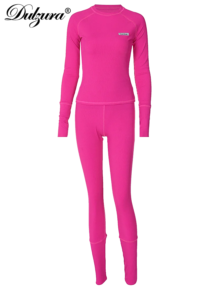 Dulzura Matching Suit Solid Pure Color O-Neck Long Sleeves Top Pants Sexy Y2K Casual Clubwear Birthday Party Ribbed Co Ords Set