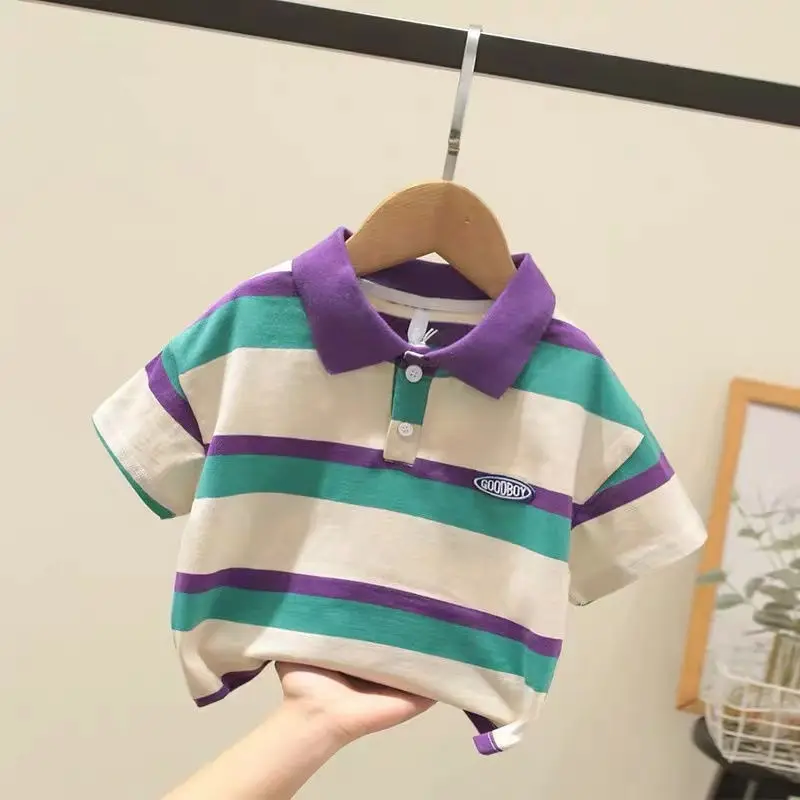 

2024 New Boys Summer Fashion Trendy Stripe Contrast Polo Shirt Fashion Cute Casual Versatile Half Sleeve Children's T-shirt Top