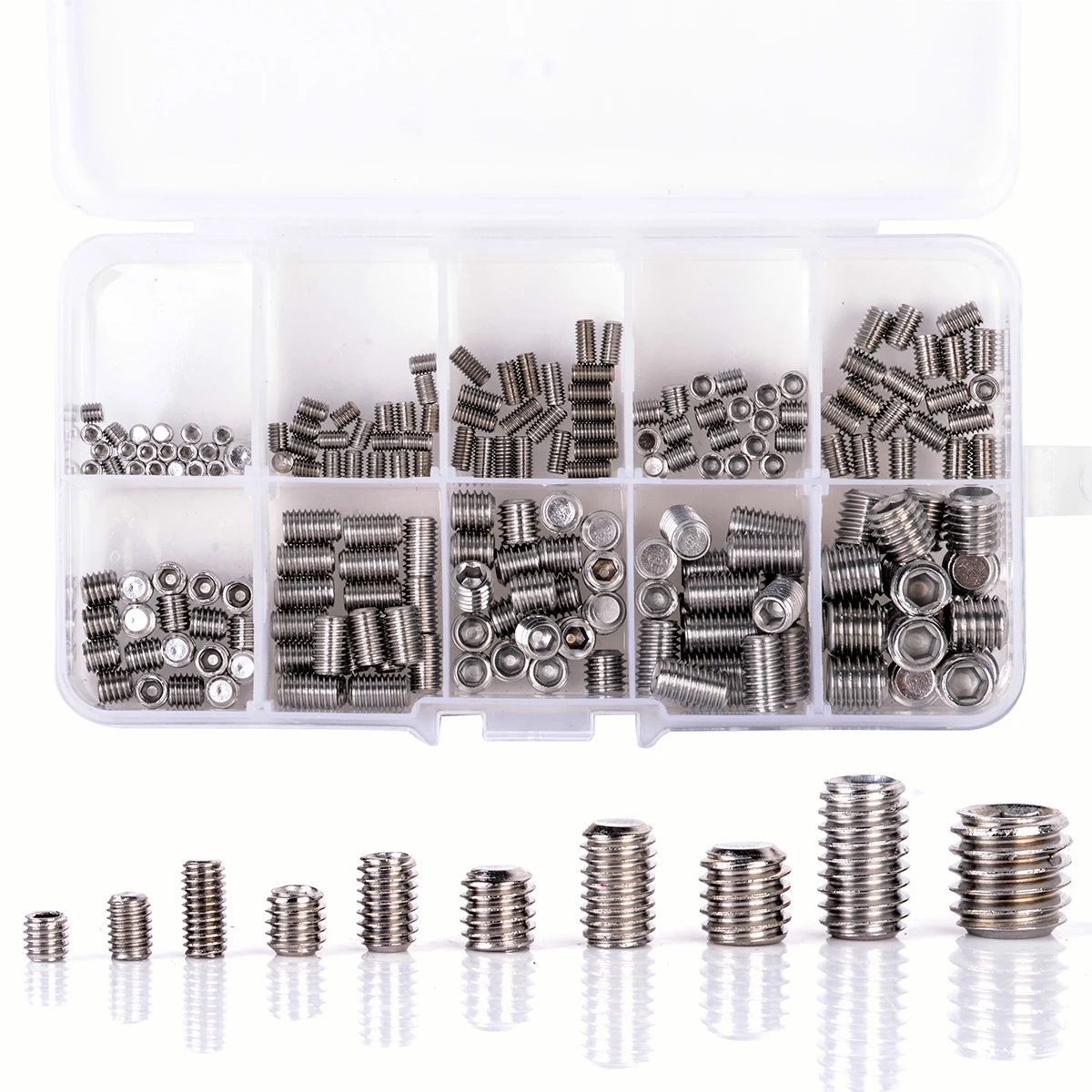 200pcs Stainless Steel Hex Socket Set Screw Grub Screws Cup Point Assortment Kit M3-M8 With Plastic Box