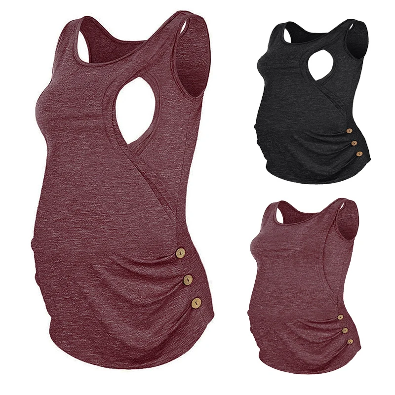 

Pregnancy Maternity Button Vest Maternity Wear Sleeveless Side Ruched Casual Maternity Nursing Clothes Vest Nursing Tops Tee F26