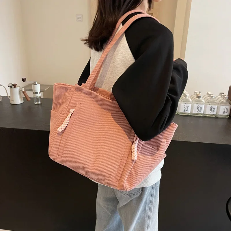 Nuevo bolso de mano japonés y coreano para mujer, bolso de compras portátil de pana de gran capacidad, bolso de hombro informal versátil a la moda