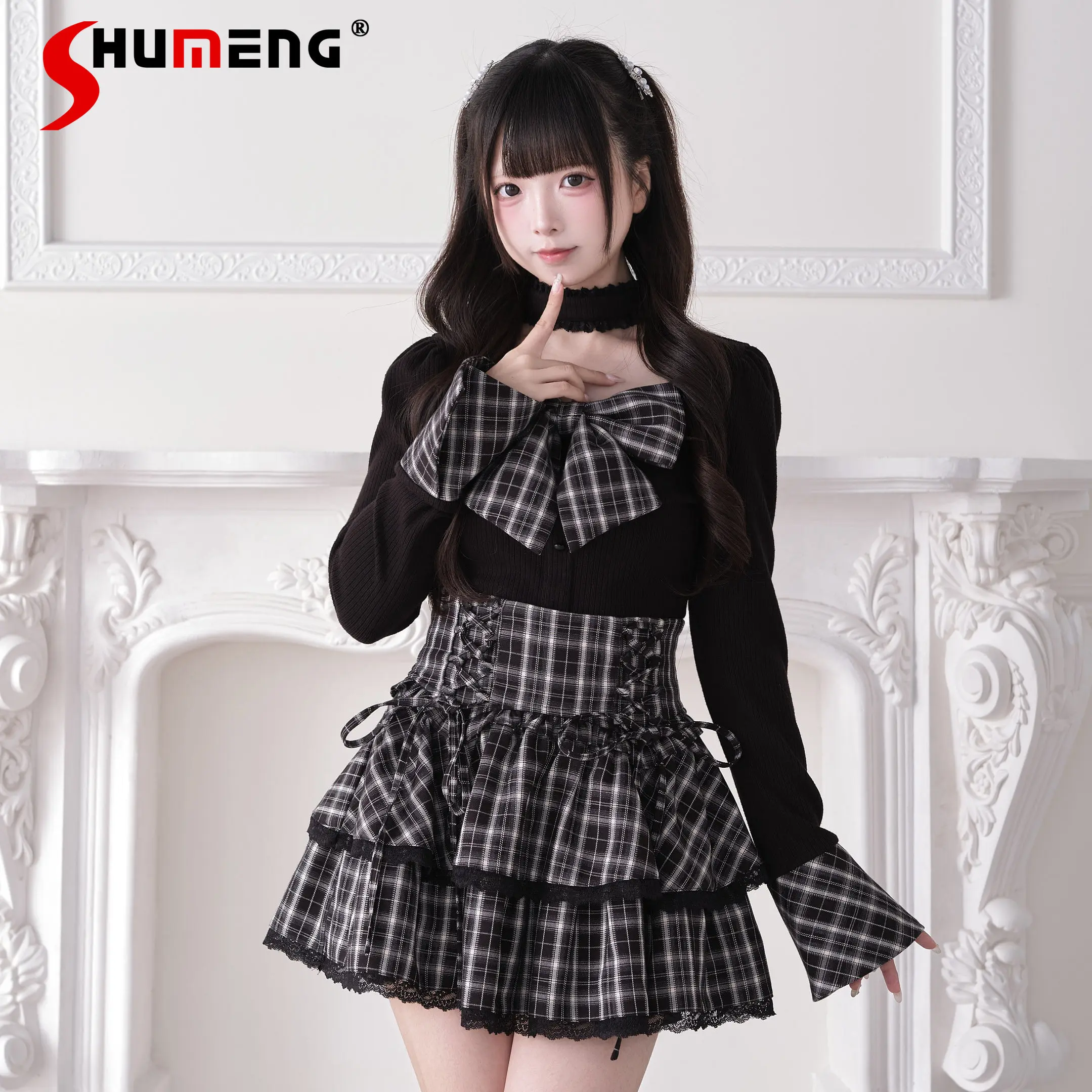 

2026 Spring Japanese Style Mass-Produced Subculture Bow Round Neck Choker Plaid Long Sleeve Sweet Knitted Pullover Top for Women