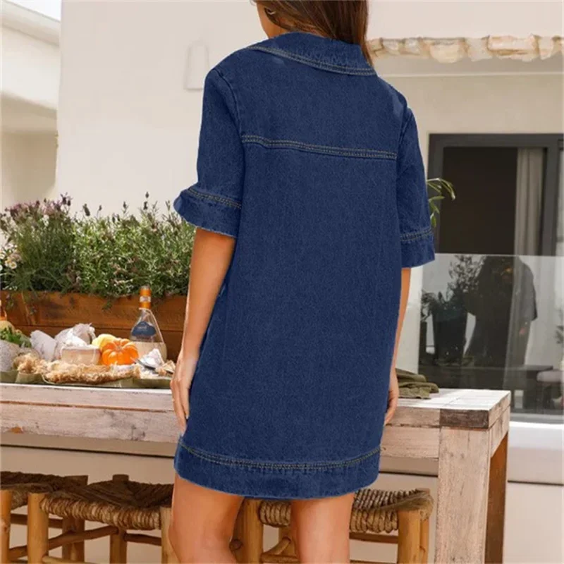 2024 Summer Thin Double Pockets Patchwork Denim Dress Women Daily Casual Gown Female Lapel Deep V-Neck Half Sleeve Loose Dresses