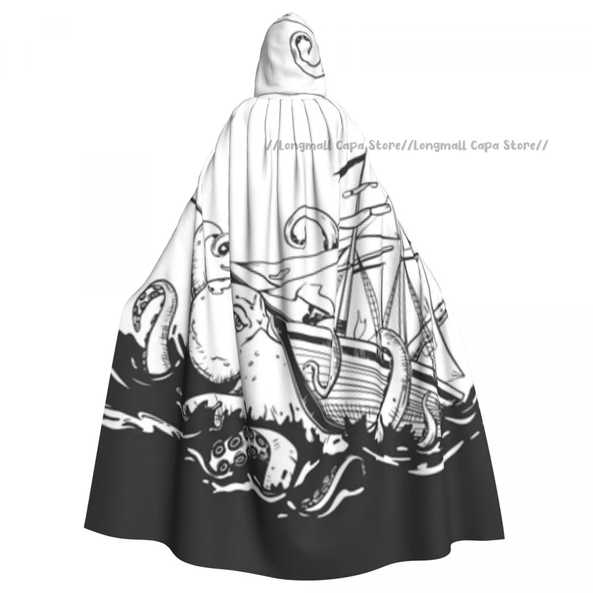 Adult Halloween Kraken Attacks Sailboat Cloak Cape Hooded Medieval Costume Full Length Dress Coat