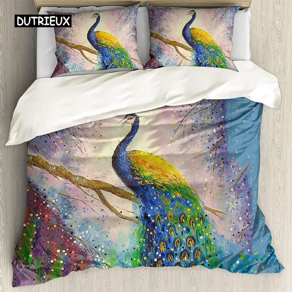 Peacock Duvet Cover Set Rainbow Feather Bedding Set for Bedroom Decor Hippie Tie Dye Polyester Comforter Cover Double Queen Size