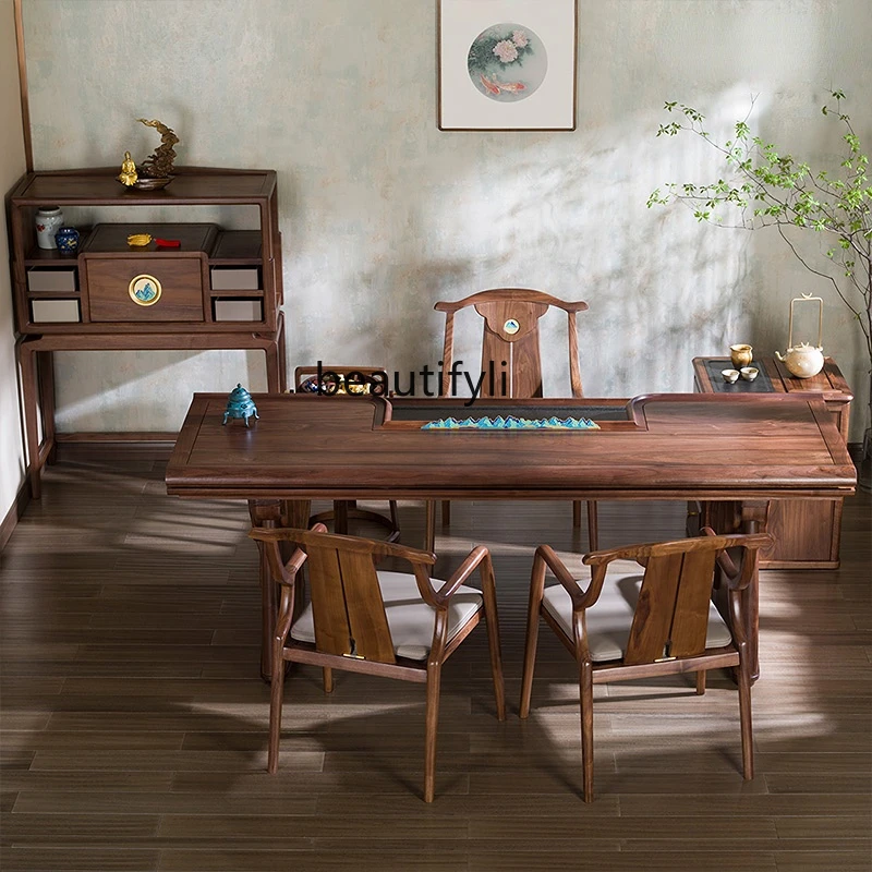 

yj Thousand-Li Landscape Art Furniture (Black Walnut Edition) Tea Room Furniture Tea Table and Chair