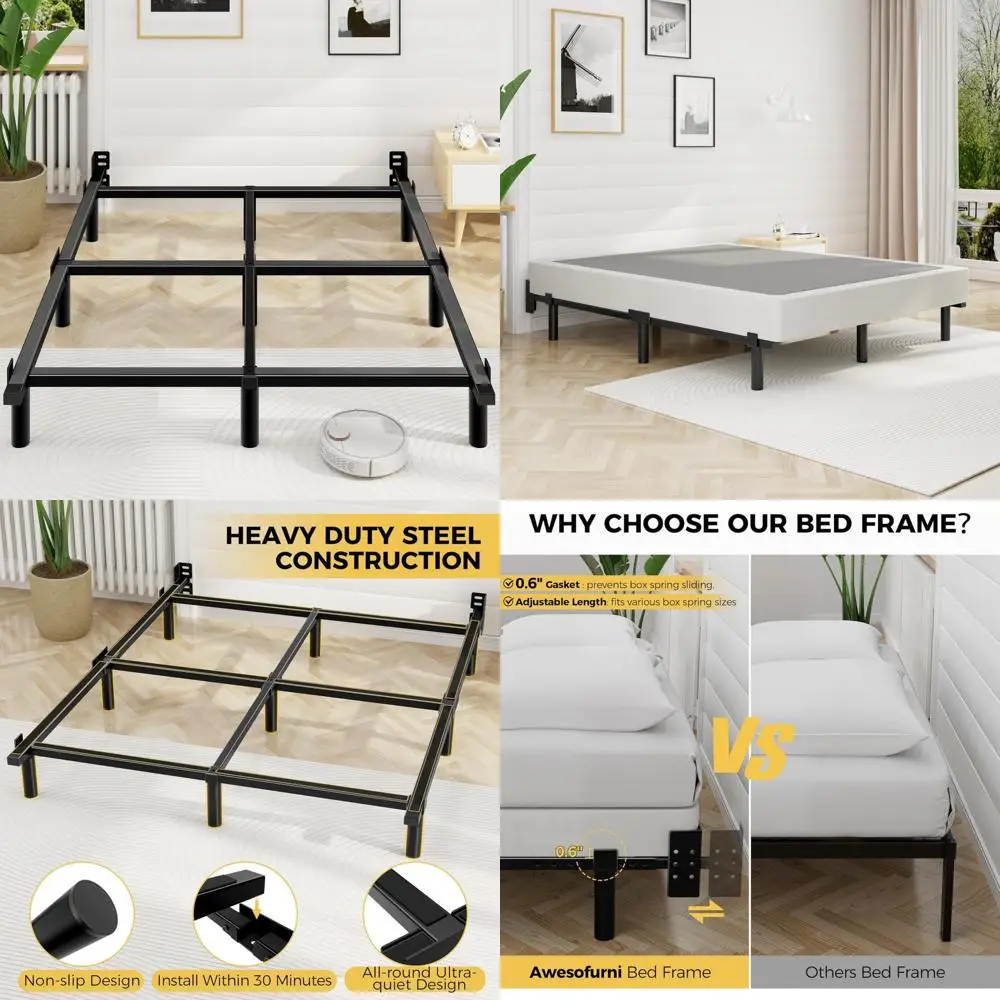 Heavy Duty Metal Bed Frame for Queen Size - 7 Inch High, 9-Leg Base, Supports Box Spring, Mattress, Easy Assembly, Noise-Free Sl