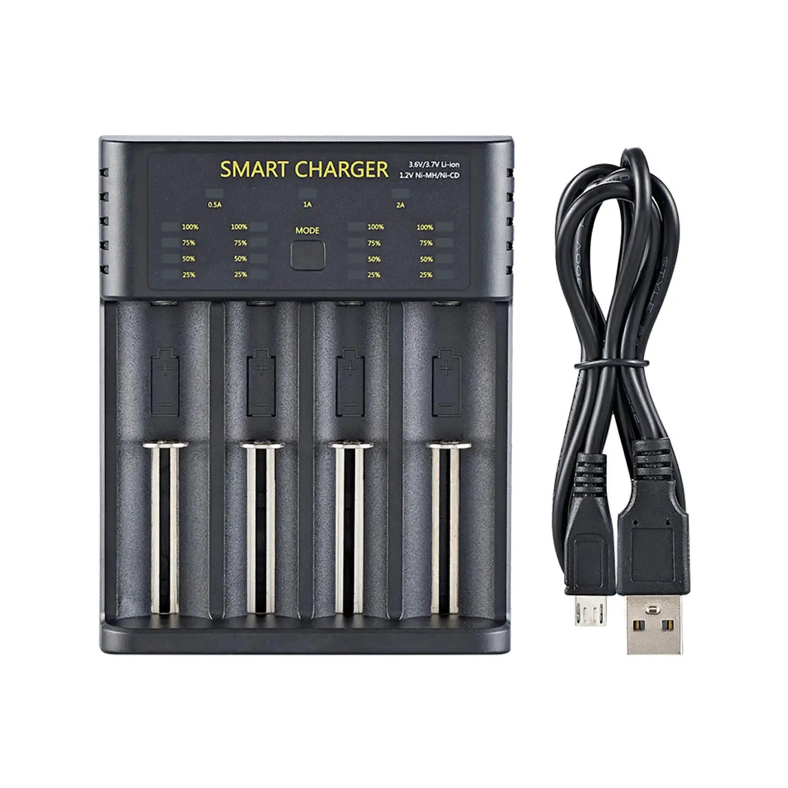 18650 Batteries Charger 4-Slot Independently Plastic USB Cable Black Smart Charger for LI-Ion Batteries 18350 20700 AAA 26650