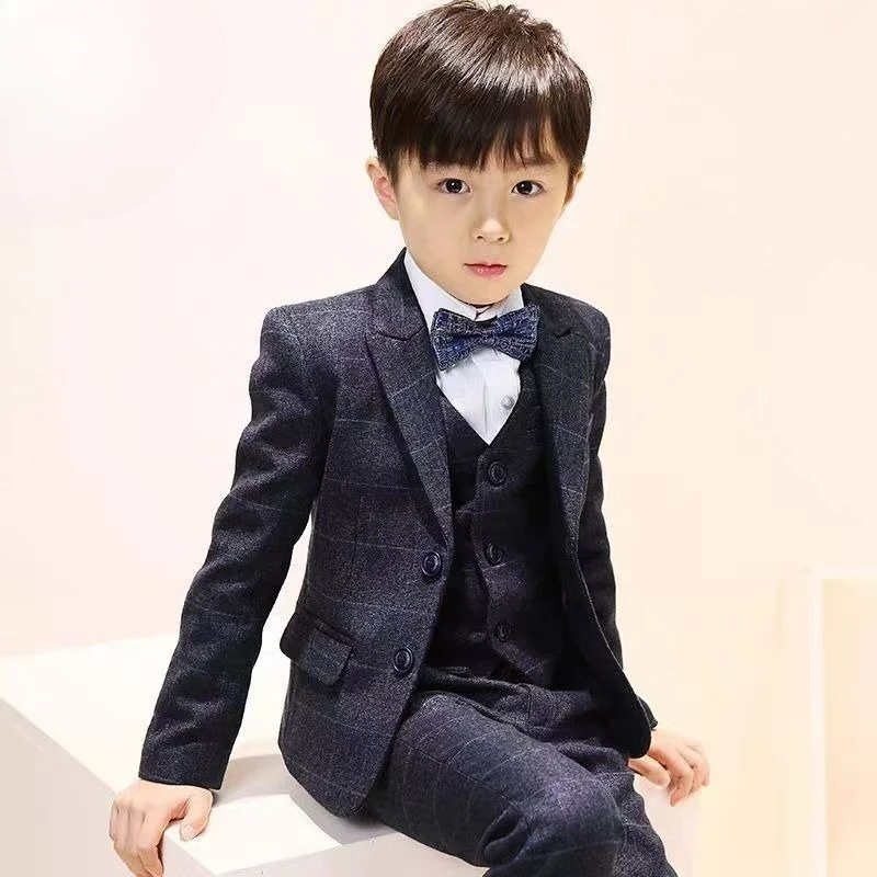 Boys Suit Set Winter Fleece Lined Thick Formal Blazer Vest Pants Kids Gentleman Tuxedo Outfit
