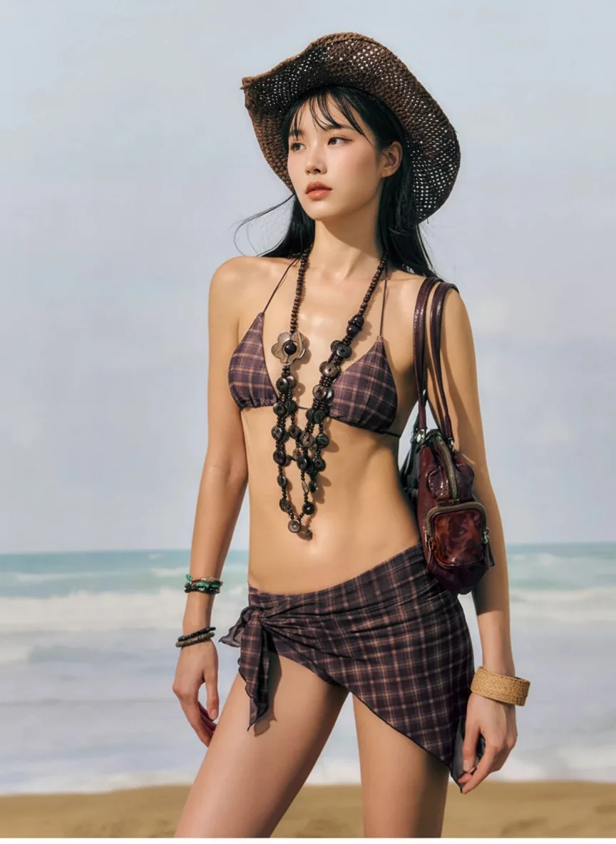 

3 Pieces Bikinis 2026 Vintage Plaid Three-Point Bikini Women's Swimsuit Separate Design Chest Strap biquini Female Bathing Suit