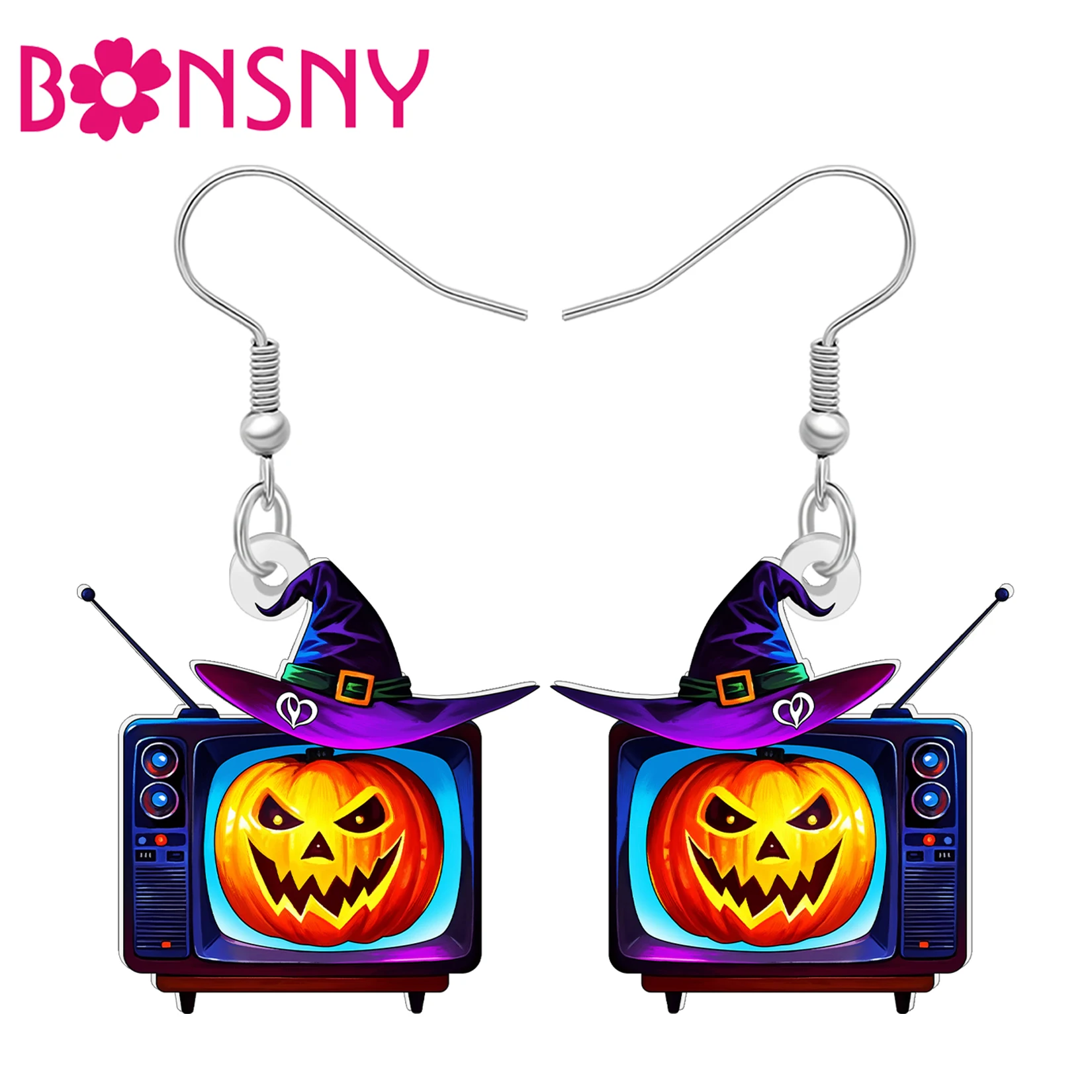 BONSNY Acrylic Halloween Gifts Pumpkin TV Earrings Witch Hat Screen Retro Television Dangle Costume Jewelry Charms For Women Mom