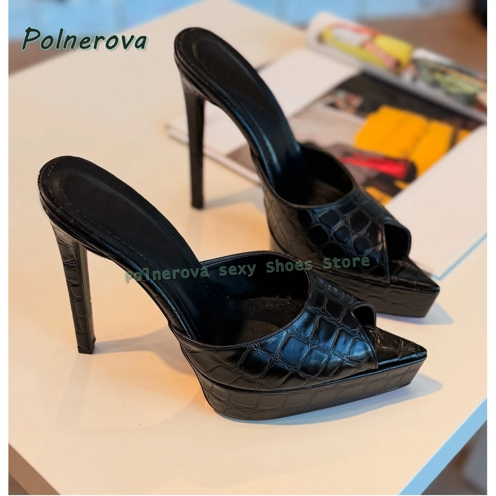 

Croc-Effect Platform Peep Toe Slippers Thin High Heels Slip On Shallow Solid Spicy Girl Party Sandals 2026 Fashion Shoes Trend