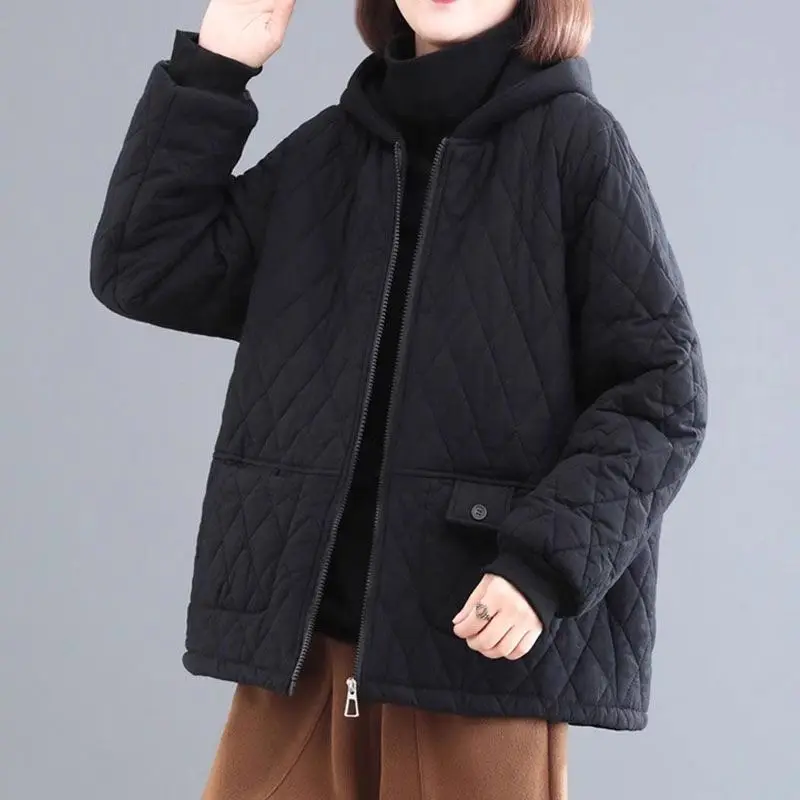 Casual Top Women\'s Large Size Loose Cotton Linen Short Coat Hooded Zipper Thickened Warm Quilted Jacket Autumn Winter Z3199