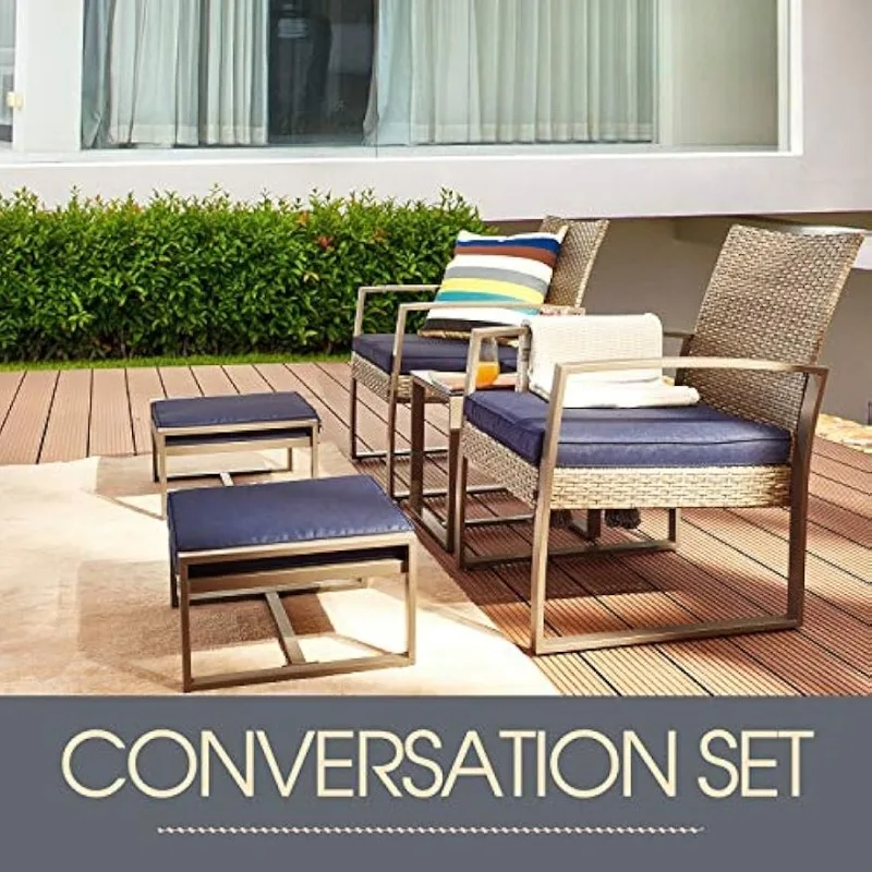 Outdoor Seat Set of 5 Pieces, PE Rattan All-weather Soft Cushion Chair Ottoman Glass Balcony Porch, Outdoor Seat Set