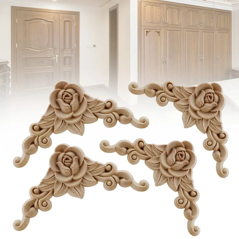 Unique Natural Floral Wood Carved Wooden Figurines Crafts Corner Appliques Frame Wall Door Furniture Woodcarving Decorative