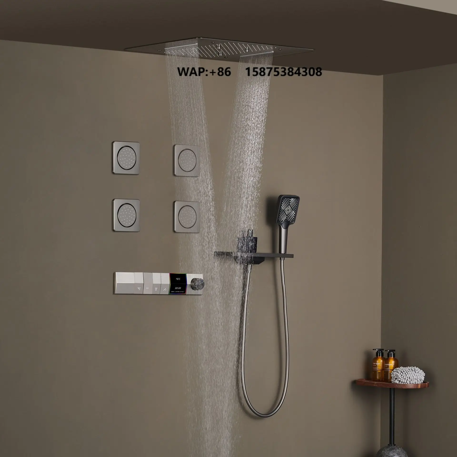Gun-gray Brushed Concealed Thermostatic Digital Display Modern Minimalist All-Copper In-Wall Hidden Bathroom Shower Set Jet Soft