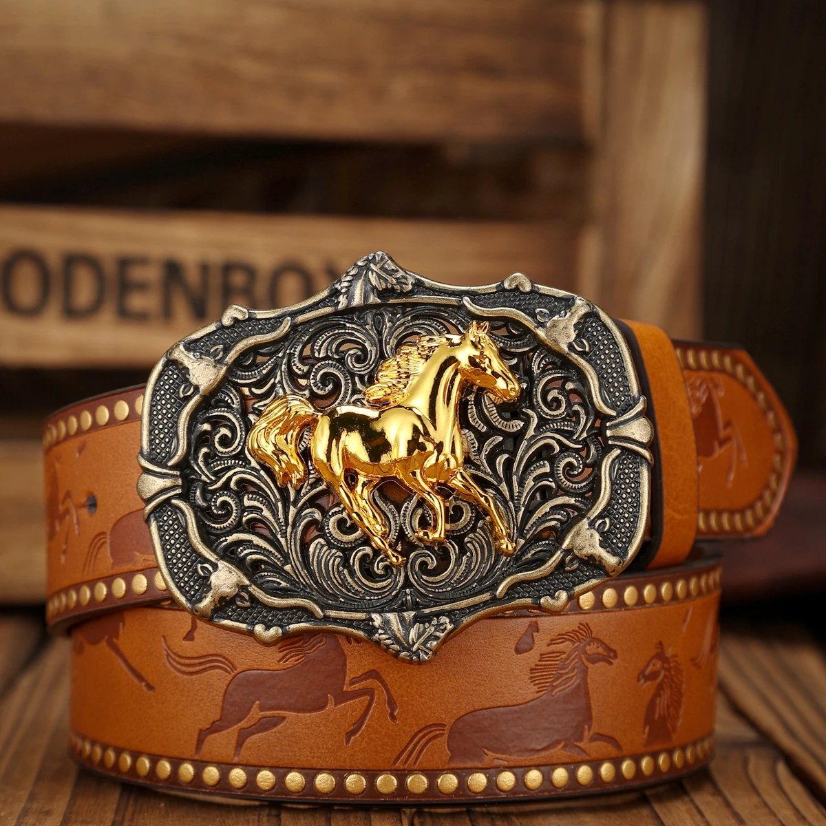 Ein Unisex-Gürtel im Western-Stil mit Vintage-Metallschnallen, strapazierfähigem PU-Leder und einem modernen Modeaccessoire für Cowboys. – Detail 1