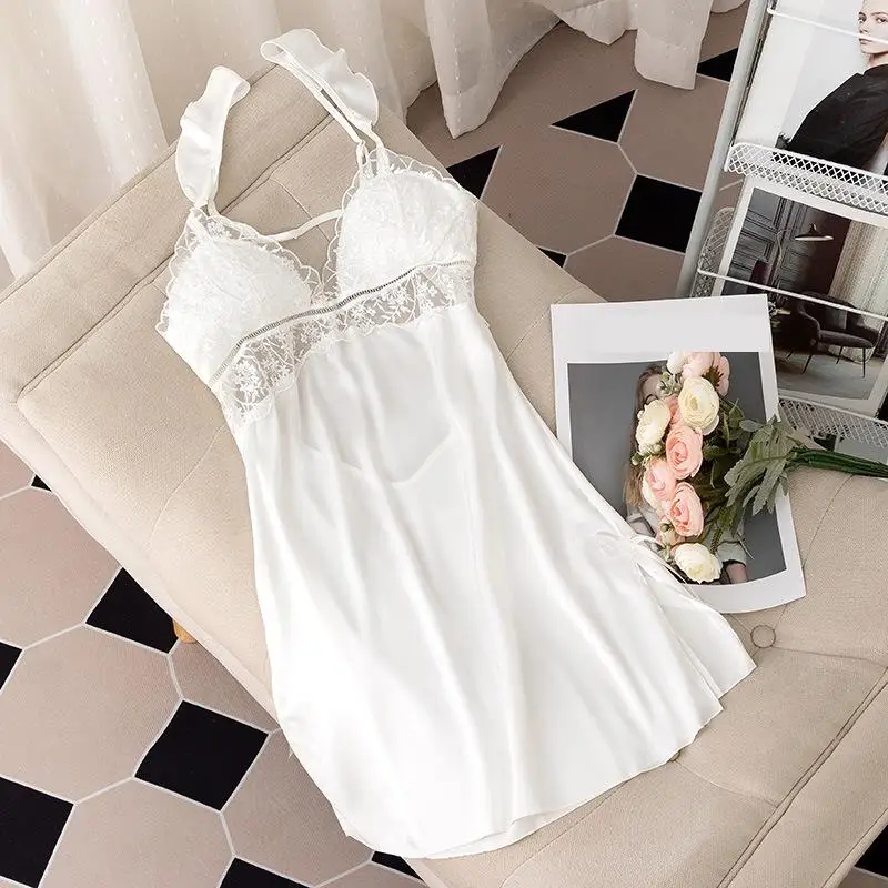 White Sleepwear Gown Sexy Womens Strap Nightdress Lace Nightgown Summer V-Neck Nighties Intimate Lingerie Satin Home Dress