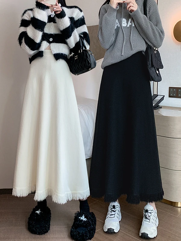 

Женская вязаная юбка-миди с высокой талией, осенне-зимняя новинка, эластичный пояс, А-силуэт, расклешенная, стройнящая