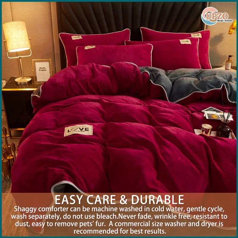 UPzo Velvet Flannel Bedding Set Plush Solid Color Duvet Cover Fluffy Reversible Plush Bedding Set Warm for Winter(3Pcs No Sheet)