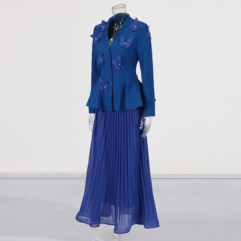TWOTWINSTYLE Solid Two Piece Set For Women V Neck Long Sleeve Tunic Designer Coat High Waist Pleated Skirt Formal Set Female New