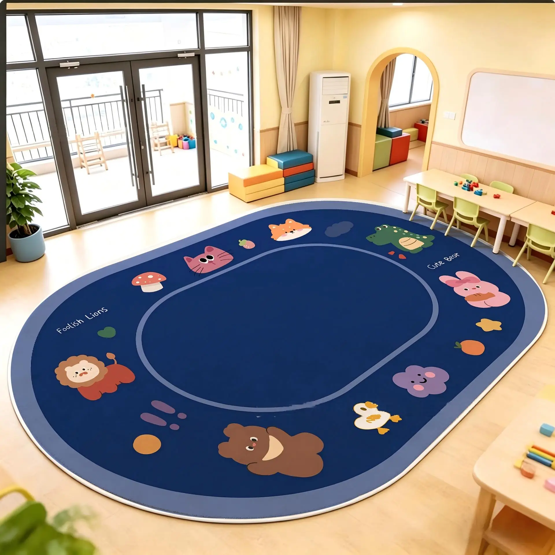 VIKAMA Green Dinosaur Kids Play Mat, Music Notes Treble Clef Happy Dino Rug, Non Slip Washable Crystal Velvet Rug for Classroom