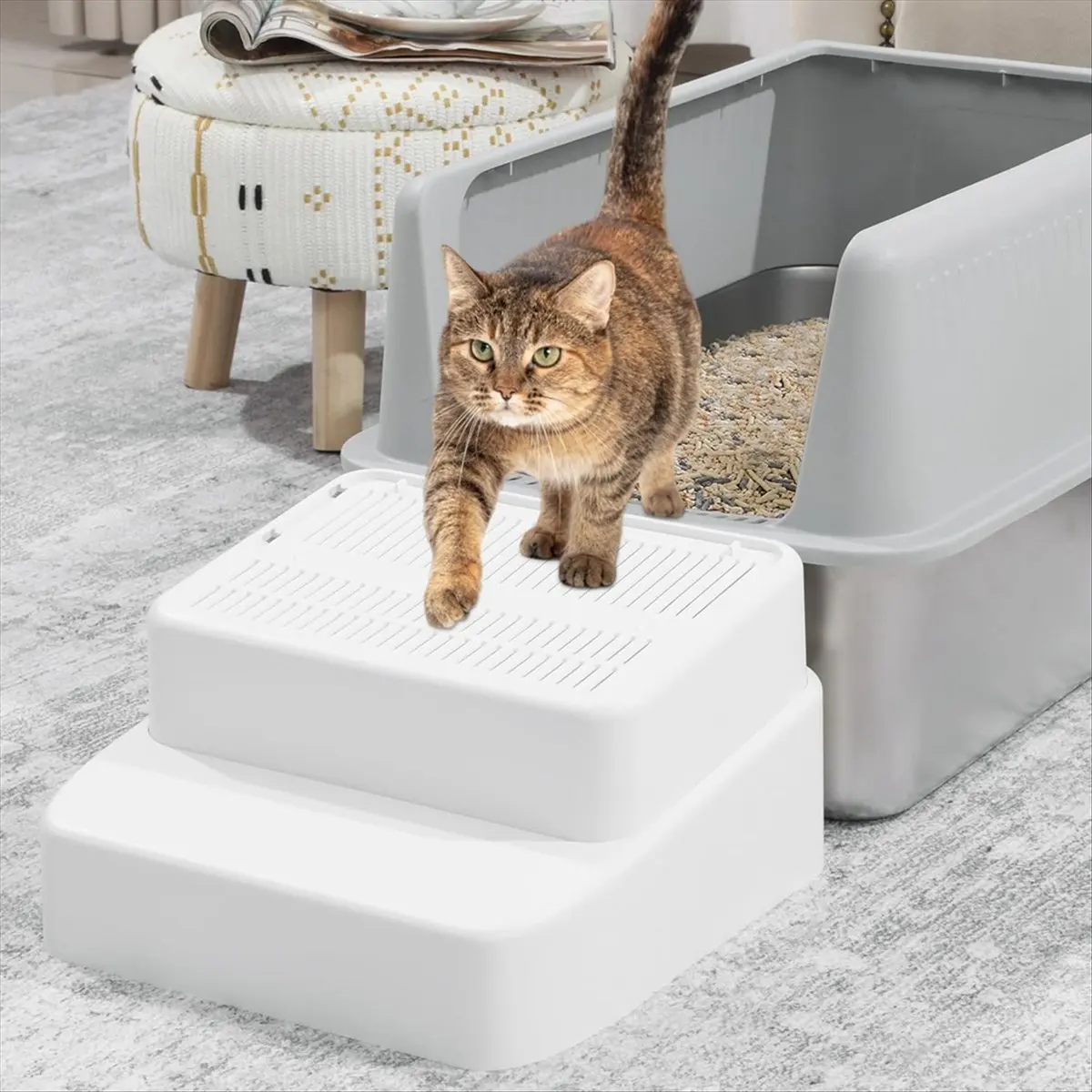 

Adjustable 3 Steps Litter Box Ramp with Filter Function, Detachable Litter Trapper, for Small & Elderly Cats White