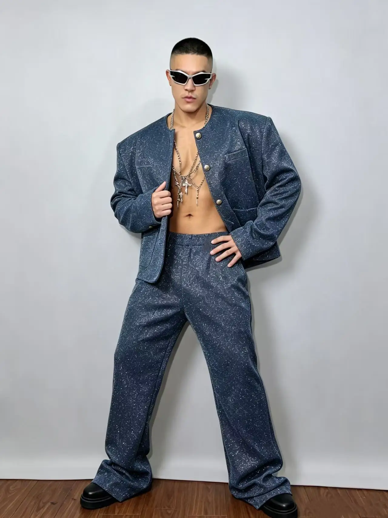 Men's Iridescent Sequin Tweed Style 2Pcs Outfit, Nightclub Bar DS Male Group Stage Costume, Unisex Jazz Hip Hop Singer Performan