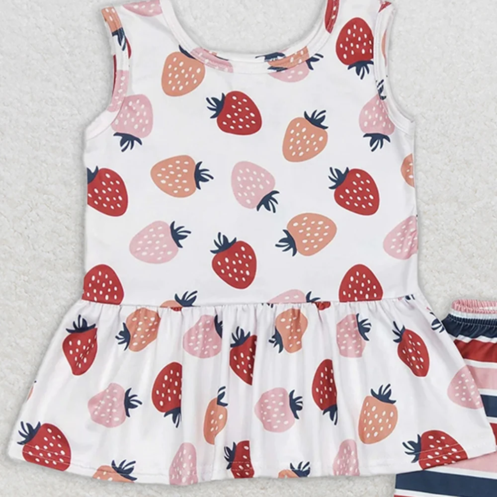 Completo estivo per neonata Top tunica fragola con pantaloncini a righe peplo Set senza maniche Set di abbigliamento per bambini