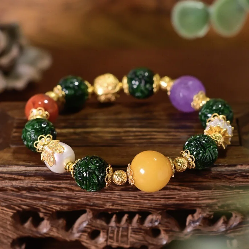 A Grade Intense Green Jadeite Bracelet, 925 Silver Gold Plated Amber Red Agate Carved