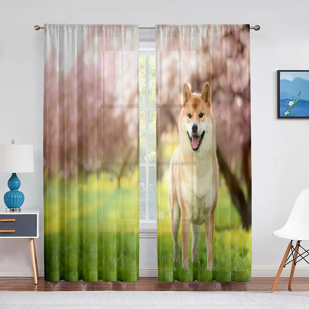 Cute Shiba Inu Dog Standing on Grass Sheer Curtains for Living Room Decor Window Curtain for Bedroom Kitchen Tulle Voile Drapes