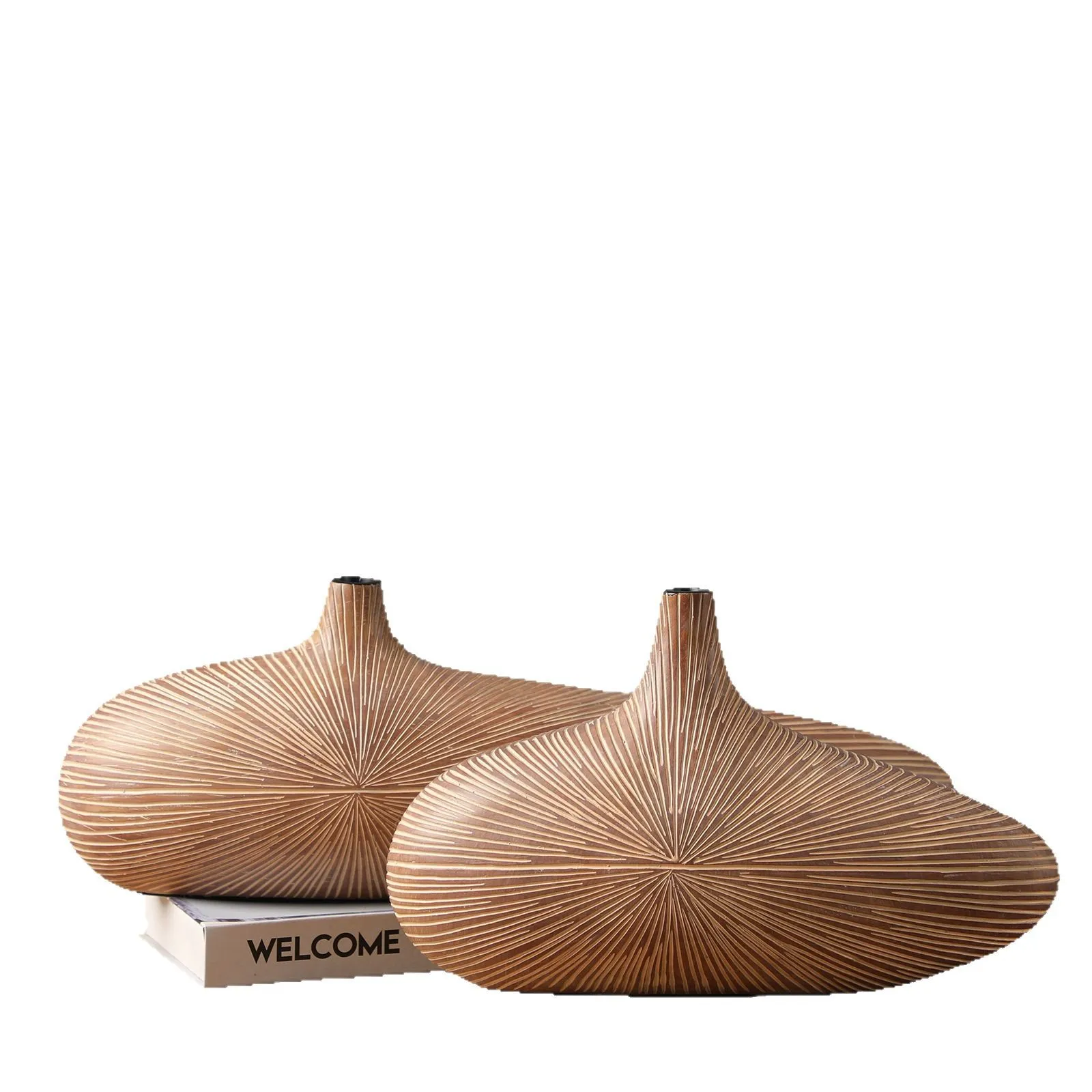 Line Stripe Resin Vase Flower Arrangement Dried Flower Imitation Wood Vase Bookcase Desktop Decoration Crafts Furnishings