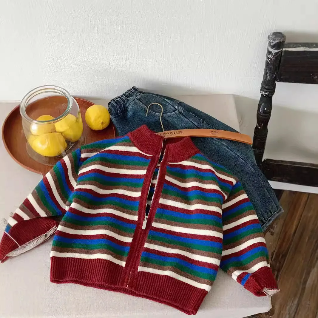 

Children Sweater Coat 2024 Winter Colorful Striped Cardigan Coat Zip Knit Boys and Girls Korean Simple Style Fashion Top