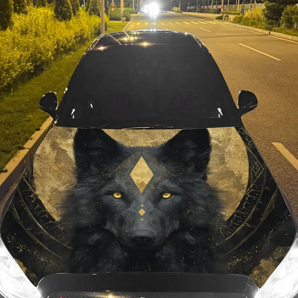 Golden - Patterned Dark Wolf Car Vinyl Wrap, PVC Material Waterproof Car Hood Sticker, Self-Adhesive Scratch-Resistant Stickers